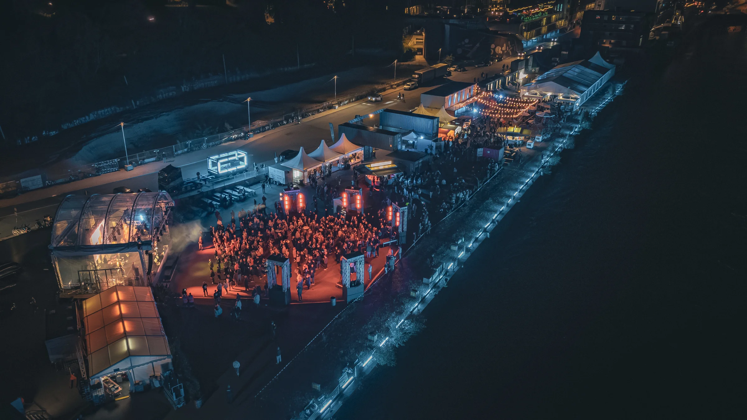 Aerial view of Platz am Fischereihafen by the River Elbe